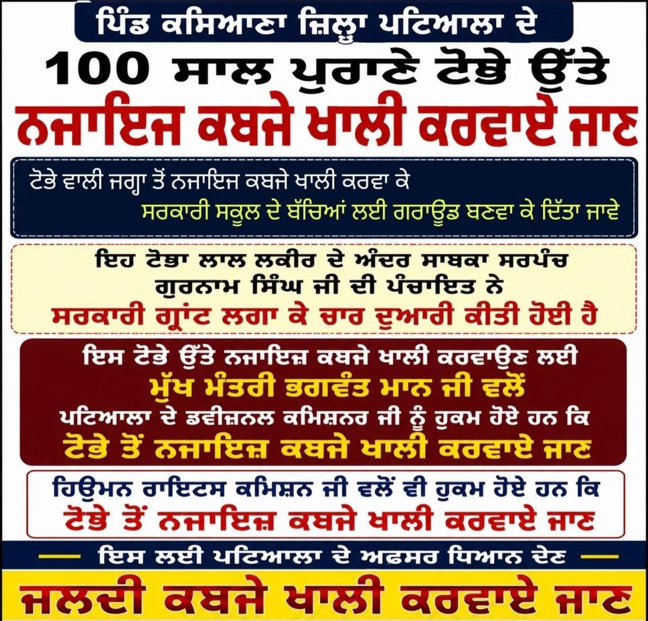 ਪਟਿਆਲਾ ਦੇ ਕਸਿਆਨਾ ਪਿੰਡ ਦੇ ਸਕੂਲ ਮੈਦਾਨ 'ਤੇ ਤੋਬਾ ਬਣਾਇਆ, ਲੋਕਾਂ ਨੇ ਹਟਾਉਣ ਦੀ ਮੰਗ