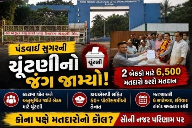 હાંસોટ: પંડવાઈ સુગરની ચૂંટણીનો જંગ જામ્યો,
બે બેઠકો માટે 6,500 મતદારો કરશે મતદાન, તંત્ર સજ્જ.
