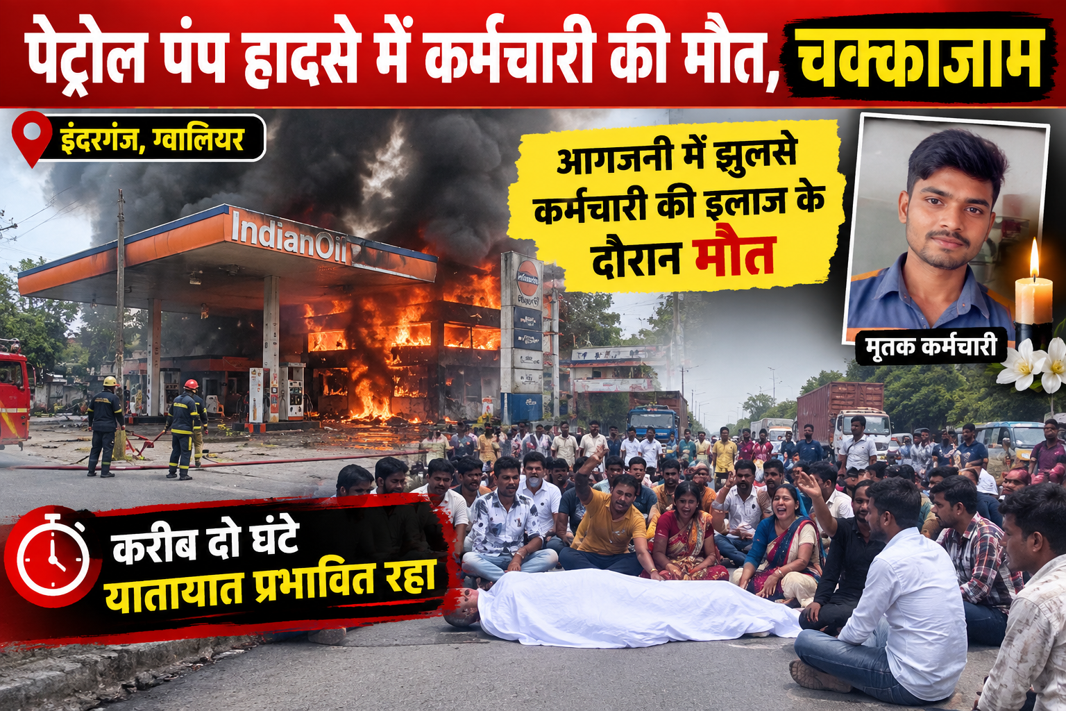 इंदरगंज के पेट्रोल पंप पर आगजनी में कर्मचारी की मृत्यु, परिवार ने चक्काजाम किया