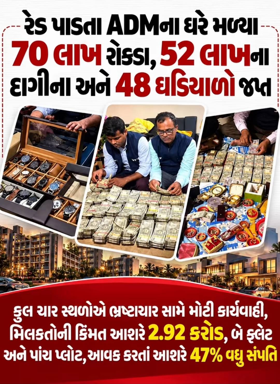 પટનાના ADMના ઘરેથી 70 લાખ રોકડા, 52 લાખના દાગીના અને 48 મોંઘી ઘડિયાળો જપ્ત: અપ્રમાણસર સંપત્તિનો કેસ