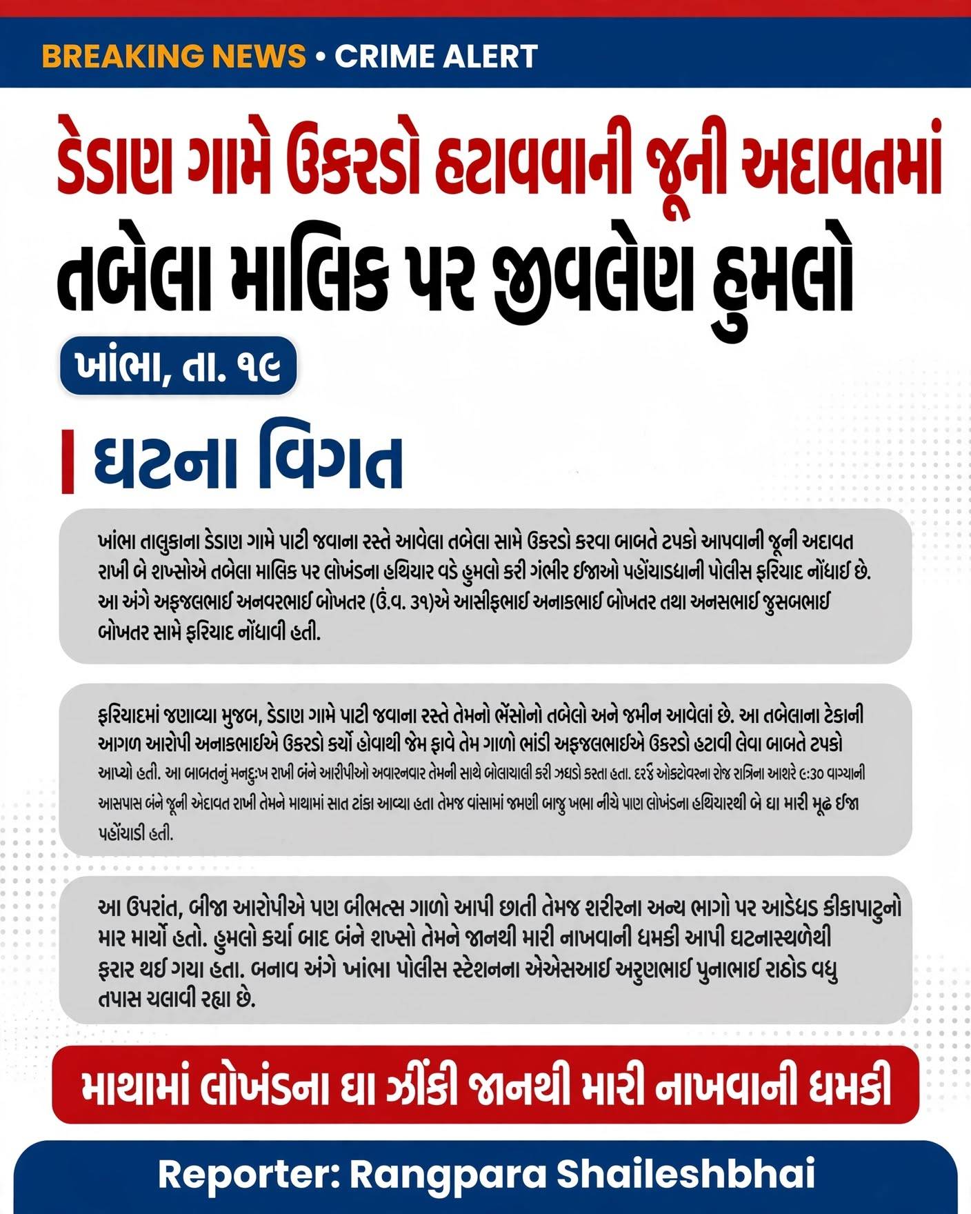 ડેડાણ ગામે ઉકરડો મુદ્દે તબેલા માલિક પર લોખંડના હથિયારથી જીવલેણ હુમલો