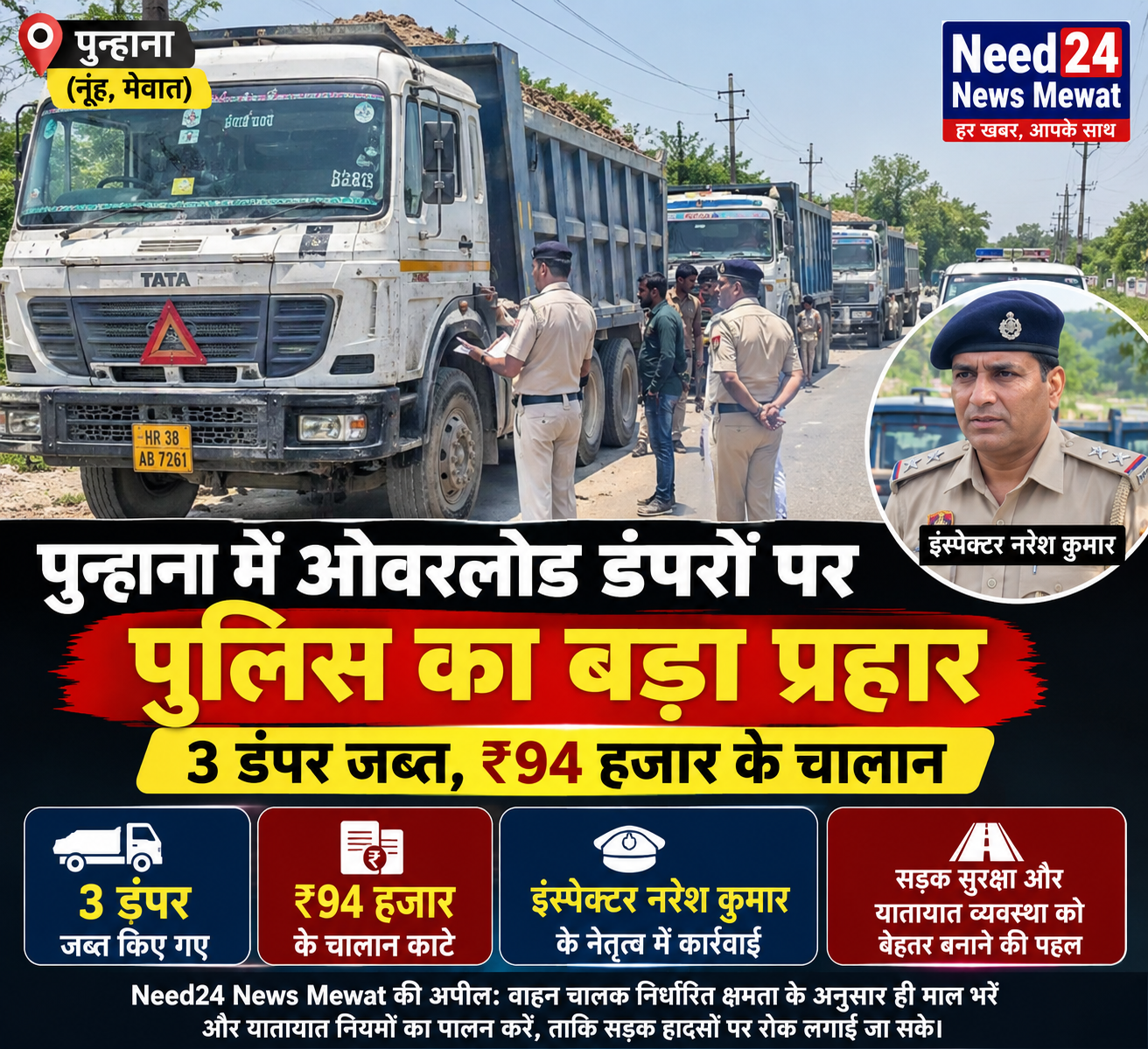 पुन्हाना में ओवरलोड डंपरों पर पुलिस की सख्त कार्रवाई, तीन वाहन जब्त