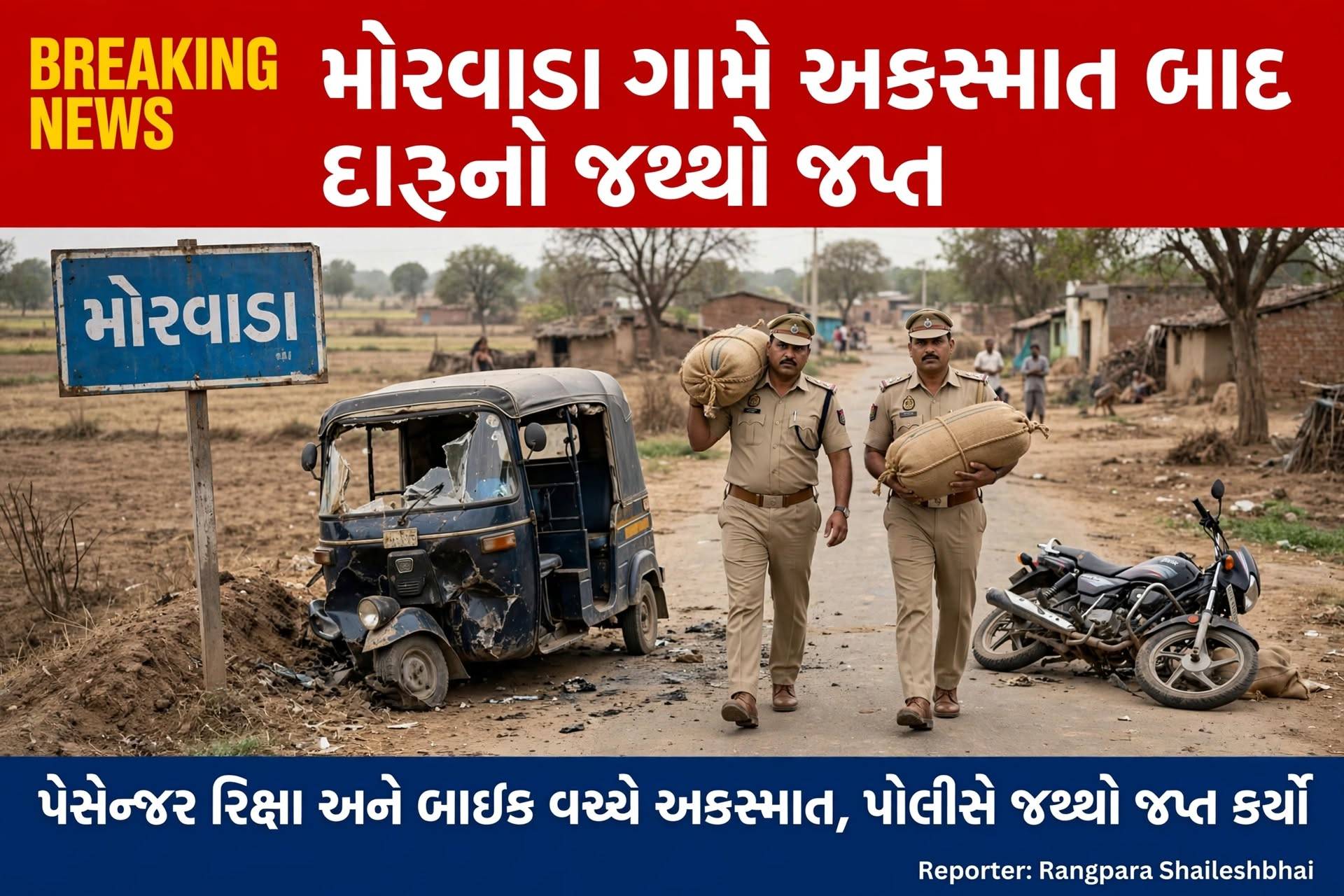 મોરવાડા નજીક અકસ્માત બાદ રિક્ષામાંથી દેશી દારૂનો જથ્થો ઝડપાયો
