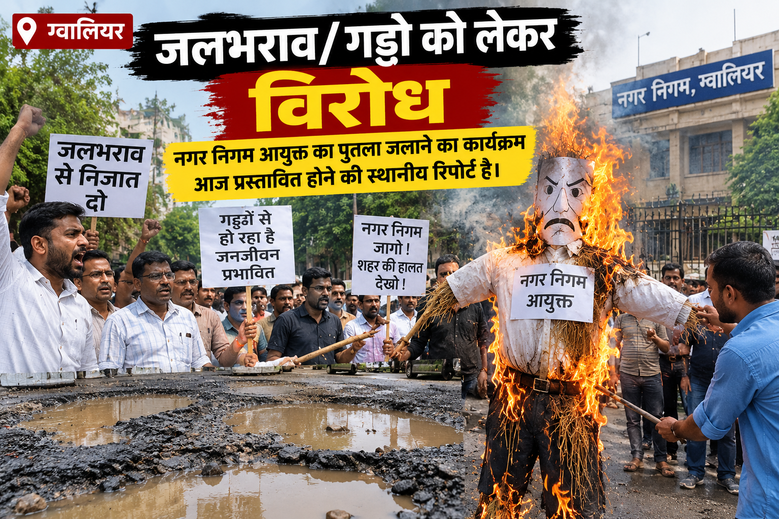 नगर निगम आयुक्त के पुतले को जलाने का प्रस्ताव, जलभराव व गड्ढों के विरोध में